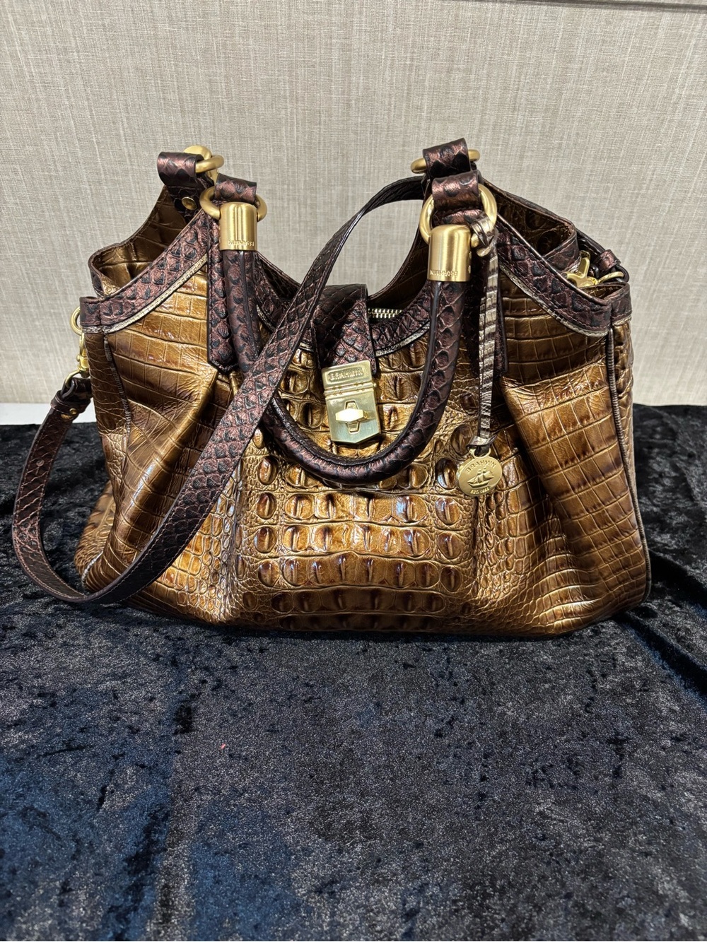 Brahmin Bronze Croc-Embossed Leather Satchel with Gold Hardware